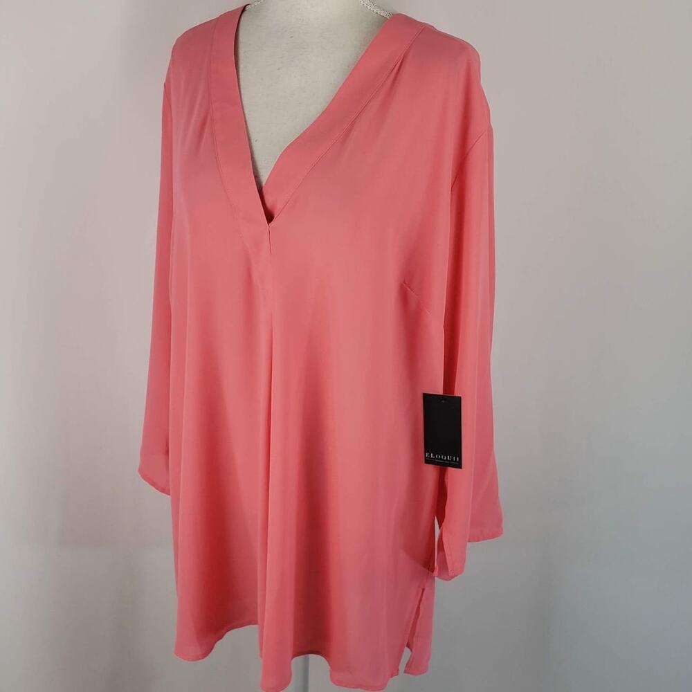 NWT Eloquii Flowy Sheer Deep V-Neck Long Sleeve Rounded Shirttail Hem Top 20 - Picture 2 of 15